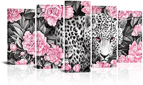 Vizuelni umjetnički dekor ružičasta i siva Leopard slika zidni dekor gepard i ružičasti cvjetni zid