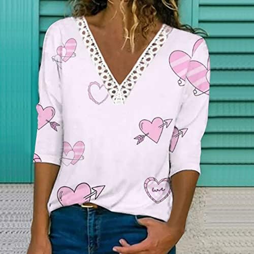 Valentinovo za ispis majica za žene Dressy Heart tiskani 3/4 rukava Tuntic The Trendy Crochet čipka pulover bluza