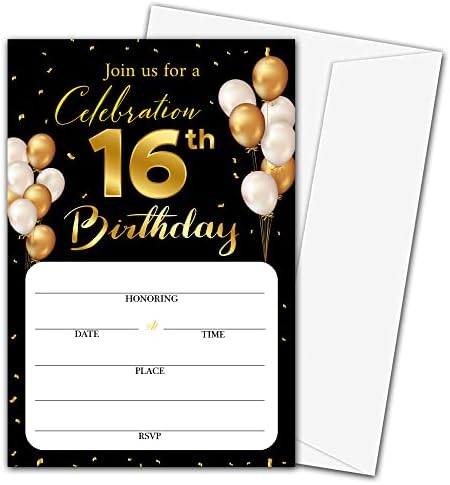 16. rođendanski pozivnički kartice sa kovertama - klasična zlatna tema Ispunite prazne rođendanske stranke Pozovite