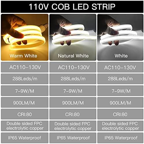 Xunata COB LED traka 5m, AC 110V 288LEDS / m Super svijetlo hladno bijelo 6500k COB LED svjetlo za