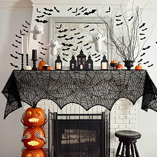 8pcs Halloween Dekoracije Indoor - Spider web tablice Runner + lubanja + kamin mantel šal + Spiderweb Cobweb