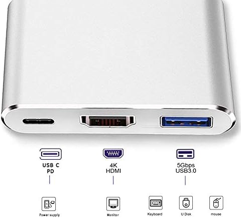 USB C u HDMI adapter Multiport, 3 u 1 USB C HUR Thunderbolt 3 do HDMI 4K USB 3.0 PD punila, Multiport USB