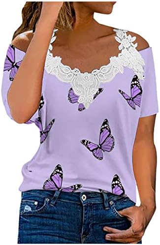 Ženska modna majica hladnog ramena Crochet čipke Top šarenih leptira Ispis bluze 2023 ljetne majice