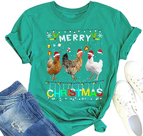 Ženski Božić kratki rukav majice, Sretan Božić piletina Tops, Santa šešir bluza pulover Crewneck T-Shirt