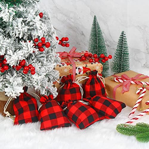 SULOLI 24kom Božić Buffalo karirani vezice torbe, Božić Plaid burlap torbe vezice torbe perivi pamuk