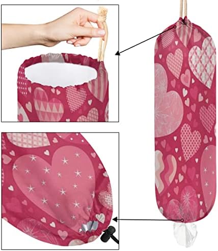Happy Valentines plastična torba držač, Pink Love Heart zidna plastična torba organizator sa vezicama torbe za kupovinu namirnica dispenzer za kućnu kuhinju seoska kuća dekor, 22x9 Inch