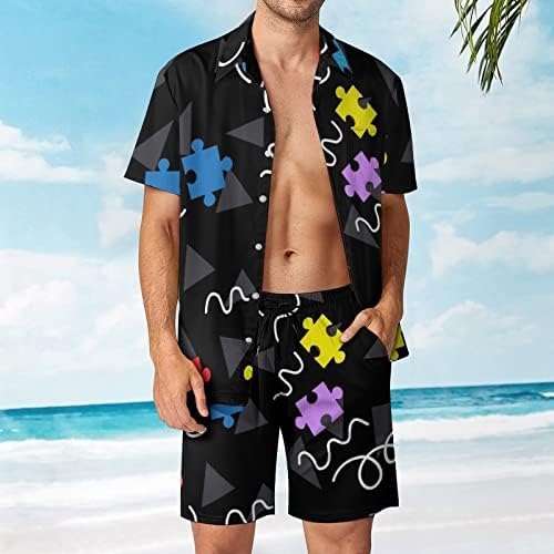 80-ih Memphis puzzle stil muške 2 komadne plaže odijelo Havajski gumb niz majicu i kratke hlače