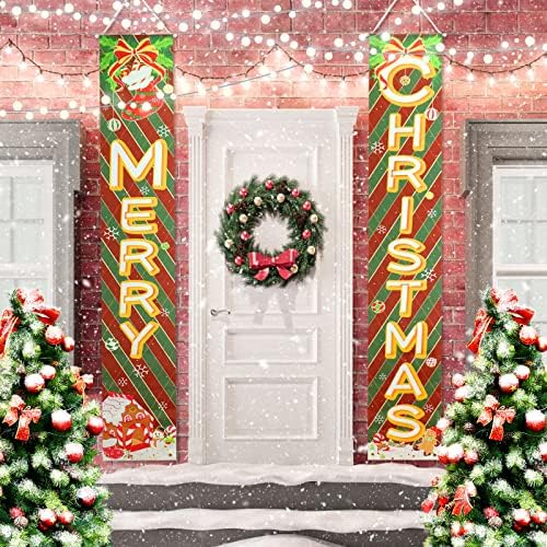 Božićni prednji banner božićni trijem potpisuje sretan božićni viseći baner sa snježnim čovekom, medenjakom