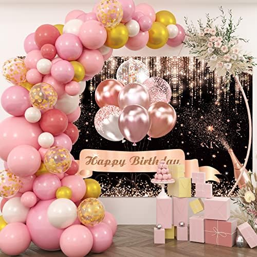 RUBFAC 159pcs Pink Gold Balloons Garland Arch Kit i ukrasi za sretan rođendan Backdrop za ženska devojka Rođendanska