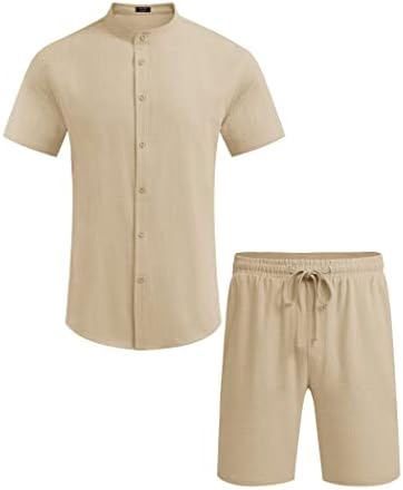 COOFANDY muški 2-dijelni laneni Set Casual Band ovratnik košulja i kratke hlače za plažu