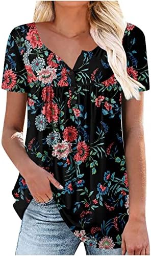 Ljetni vrhovi za žene 2023 kratke rukave Henley Sakrij stomak tunika Dressy Casual bluze za tajice Floral