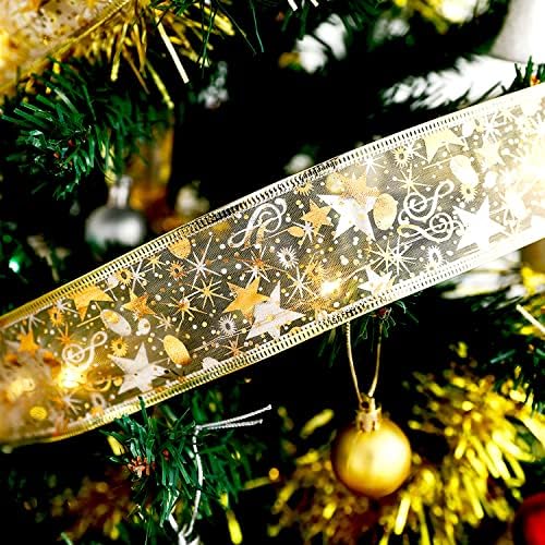 Zlatna Božićna traka sa šarenim svetlima, 16.4 ft X 2 inča žičana Organza traka sa 50 šarenim svetlima,