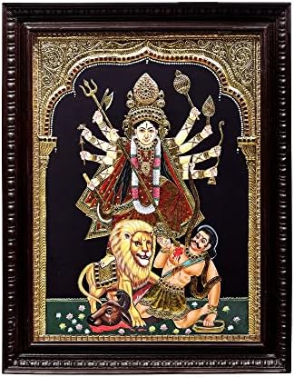 Egzotična Indija 21 x 27 Mahishasura-Mardini Desetoruka Durga Tanjore slika | tradicionalne boje sa 24k zlatom