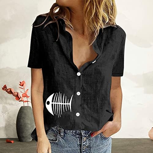 Blusa Camisa Cuello Vuelto con botones para mujer camisetas con estampado peces de trabajo