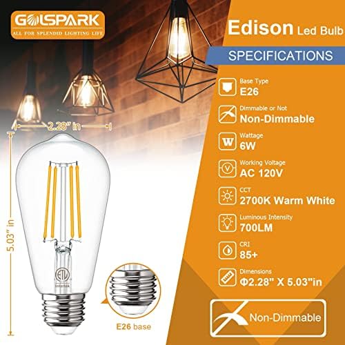 LED Edison sijalice Vintage 2700k toplo Bijela, 6w E26 LED sijalica 60 W ekvivalent, Golspark Antique ST58