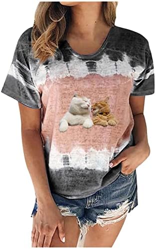 Ženska Ljetna Kravata Boja Tshirt Tops Slatka Mačka Print Kratke Rukave Majice Trendy Casual Crewneck