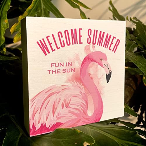 Pink Flamingo akvarel Drvena kutija sa znakom Rustikalna seoska kuća Dobrodošli ljetni Flamingo drveni