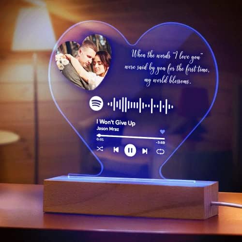 Prilagođeni dnevni pokloni za njega za njega i nju, staklo Spotify plaket Art noćni svjetlo srce