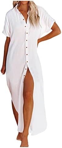 Žensko dugme dole kaftane haljine casual kratkih rukava rever bočni prorez s dugim plažom pokriva se s jednim