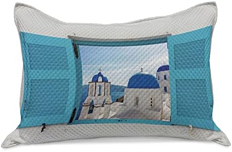Ambesonne Pejzaž pletena jastuk za prekrivač, pogled na prozor klasične zgrade Domate Oia Santorini Grčka