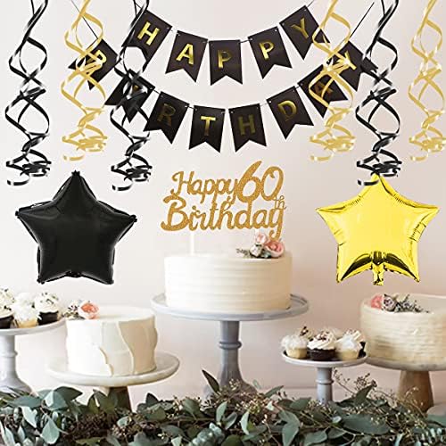 Zrjssyp 60. rođendanski ukrasi crne zlatne zalihe za žene muškarci sretan rođendan baner visi swirl