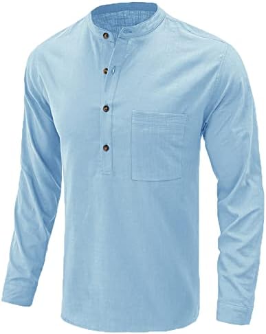 Majice za muškarce lanene duge rukave gornji čvrsti stalak ovratnik V vrat pulover majica džepno dugme