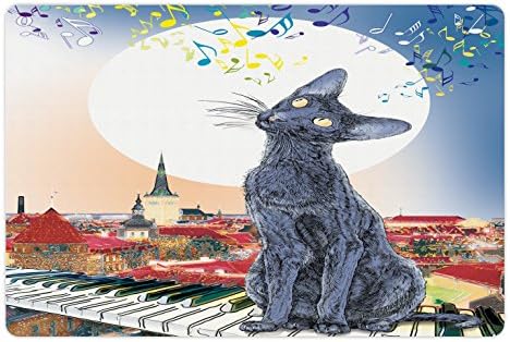 Lunable Cat Pet Mat za hranu i vodu, crna mačka na krovu starog stana u zalasku sunca Horizon sa muzičkim notama