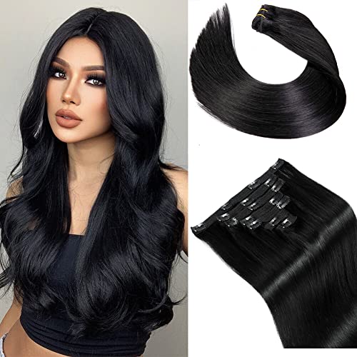 Real Hair Extensions Clip in Human Hair 16inch 60G Jet Black Straight Hair Extensions Double Lace Weft Total