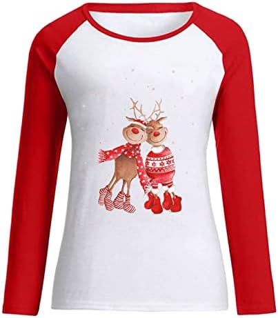 Božić Duks za žene slatka sob grafički Dugi rukav u boji blok pulover Tee Shirt Crew Neck Božić Tops