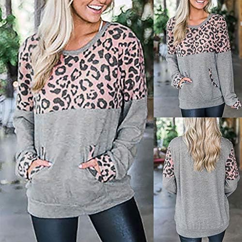 Fheaven džepna dukserica s dugim rukavima za žene s Leopardovim printom za spajanje pulovera
