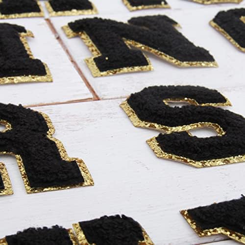 26 Pismo set Chenille Gvožđe na sjajnim slovima sjajnog slova - Crna Chenille tkanina sa zlatnim