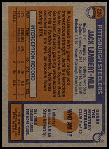 1976 TOPPS 220 Jack Lambert Pittsburgh Steelers Ex / MT + Steelers Kent St