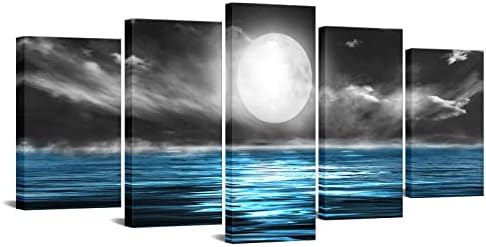 YeiLnm 5 paneli platno zidna Umjetnost mjesec more okean pejzaž slike Print crno bijelo plavo