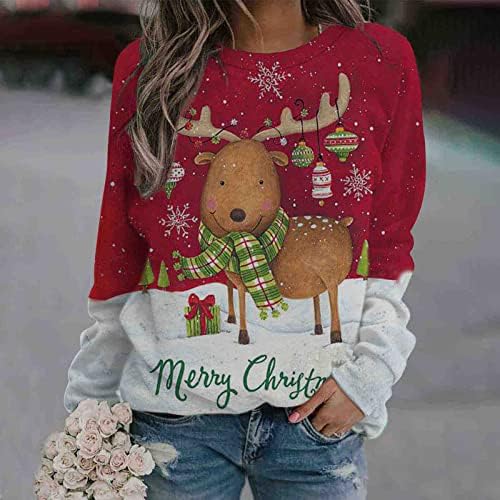 Sretan božićni duks za žene slatka jelena grafički casual labav dugi rukav posadni pulover na vrhu xmas