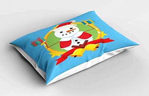 Ambesonne božićni jastuk, snjegović u santa portretu odjeće u krugu sa zvonama i poklonima crtani, ukrasni jastučnica