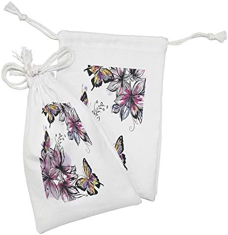 AMBESONNE Cvjetni tkaninski torbica set od 2, cvjetni cvjetovi Botanike Buketi šareni leptiri Paintbrush akvarel, mala torba za vuču za toaletne potrepštine, 9 x 6, višebojni