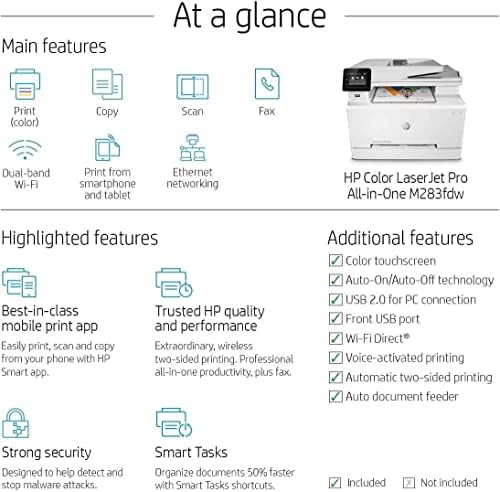 HP Color Laserjet M283fdw bežični sve-u-jednom laserski štampač, print scan Copy Fax, ekran osetljiv na