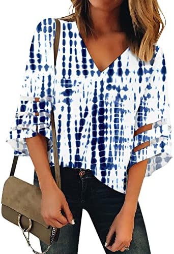 Casual V izrez bluza za žene 3/4 BELL ruhove mrežice na ploči Top modne cvjetne labave fit majice