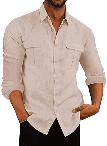 Muška posteljina dugme down Cargo Shirts Casual Dugi rukav ljetna plaža Shirt Tops lagana labava košulja sa džepovima