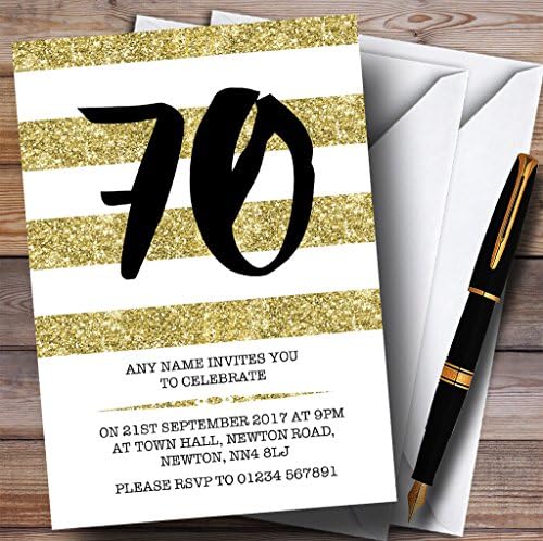 Glitter Gold & White Striped 70. Personalizirane pozivnice za rođendan