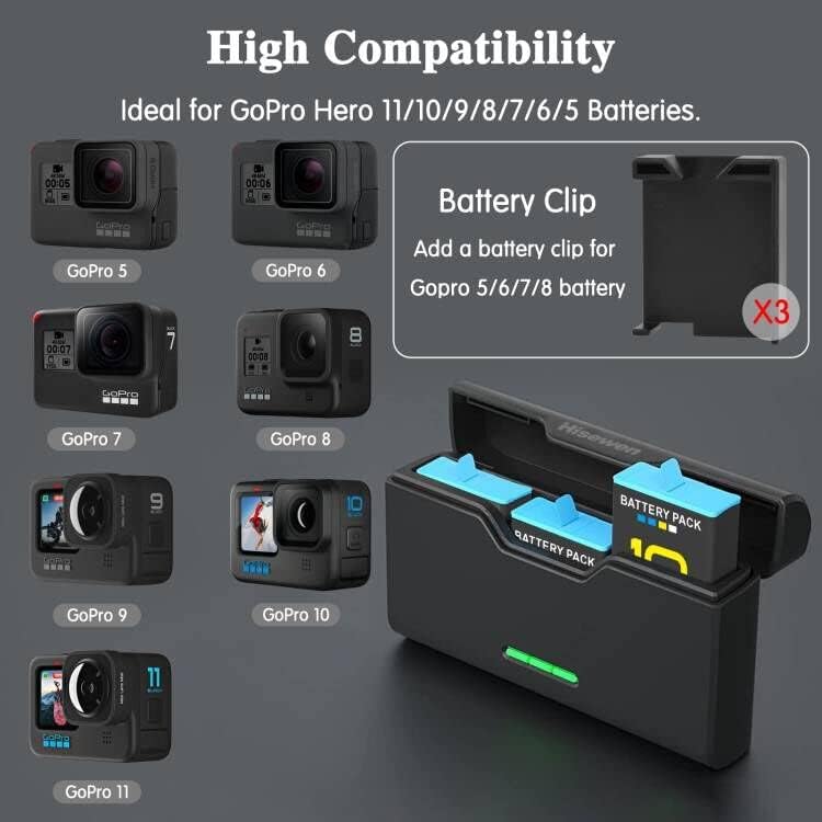 Punjač baterije za GoPro Hero 9/10/11 Crni, Hisewen 3-kanalni okvir za brzo punjenje sa kablom TIP-C i TF