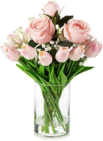 Enova cvjetna mješovita svilena ruža umjetna cvijeća i stvarni dodirni tulipani lažni cvijeće u staklenoj vazi,