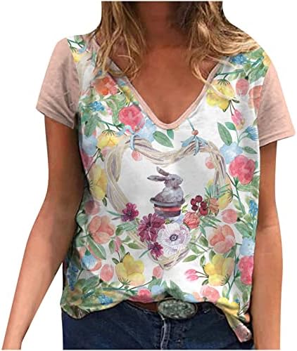 Ženska labava Fit V izrez Uskrsni bluze Slatki zeko cvjetni print za odmor Tunika Ležerne prilike kratkih rukava