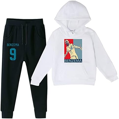 Maxvivo Boys Karim Benzema Grafički kapuljač s kapuljačom sa crtežom + jogging hlače-2pcs Fleece