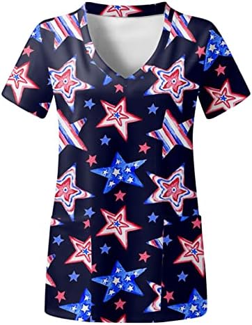 4. jula majice za žene američka zastava ljetna kratka rukava V-izrez majica sa 2 džepa bluze