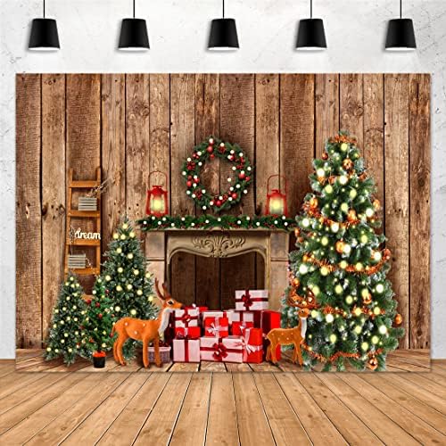 Aperturee Božić kamin pozadina 7x5ft Božić Tree pokloni rustikalni ambar drvo pod Borov vijenac