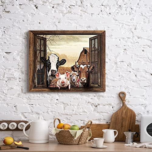 familypers Cow Wall Art prijatelji u prozoru pejzaž goveda štampa rustikalne smiješne životinje zidni