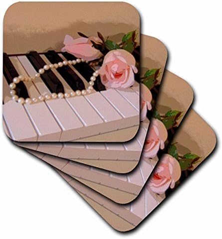 3drose CST_35211_4 roze ruže na klavirskim tasterima - keramički podmetači za pločice, Set od 8 komada