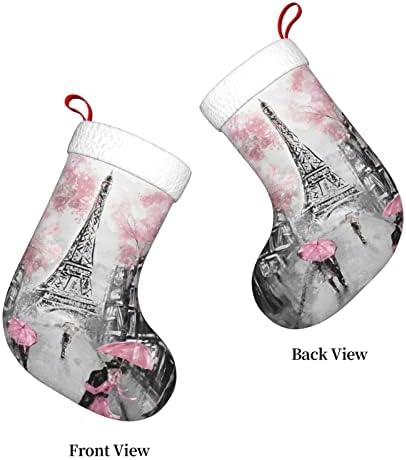 Yilequan 18 inča Božićne čarape Klasične čarape, Pariz Street Eiffel Tower Pink Cvjetni, za obiteljski odmor