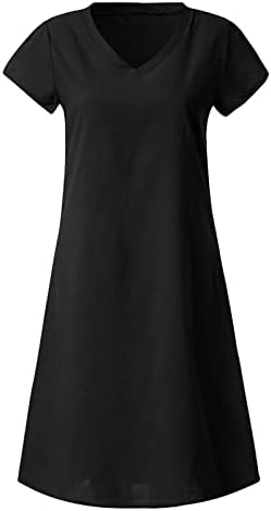 Ženska pamučna lanena haljina kratki rukav Midi Casual Plus Veličina čvrsta kratka rukava tunika haljina udobna